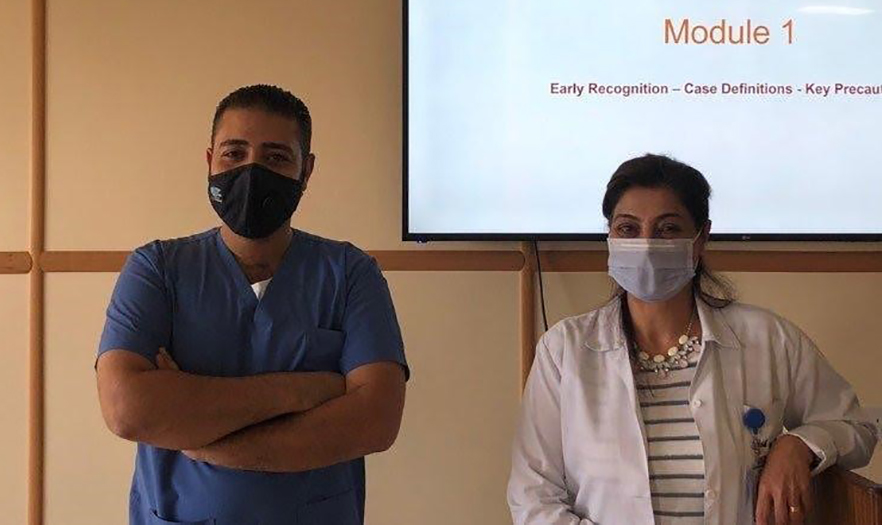 Ms. Samira Badr (right), nursing manager at Abdel-Hadi Hospital, and Mahmoud Ibrahim, IPC unit head. Photo credit: Ruba Haddadin