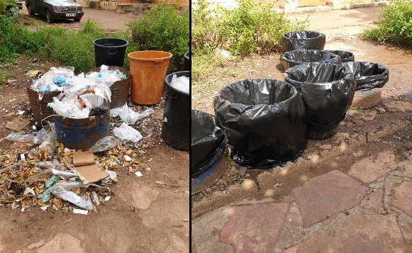 Gestion des déchets avant (gauche) et après (droite) la formation. Crédit photo : Dr. Madina Kouyaté, consultant PCI/COVID-19